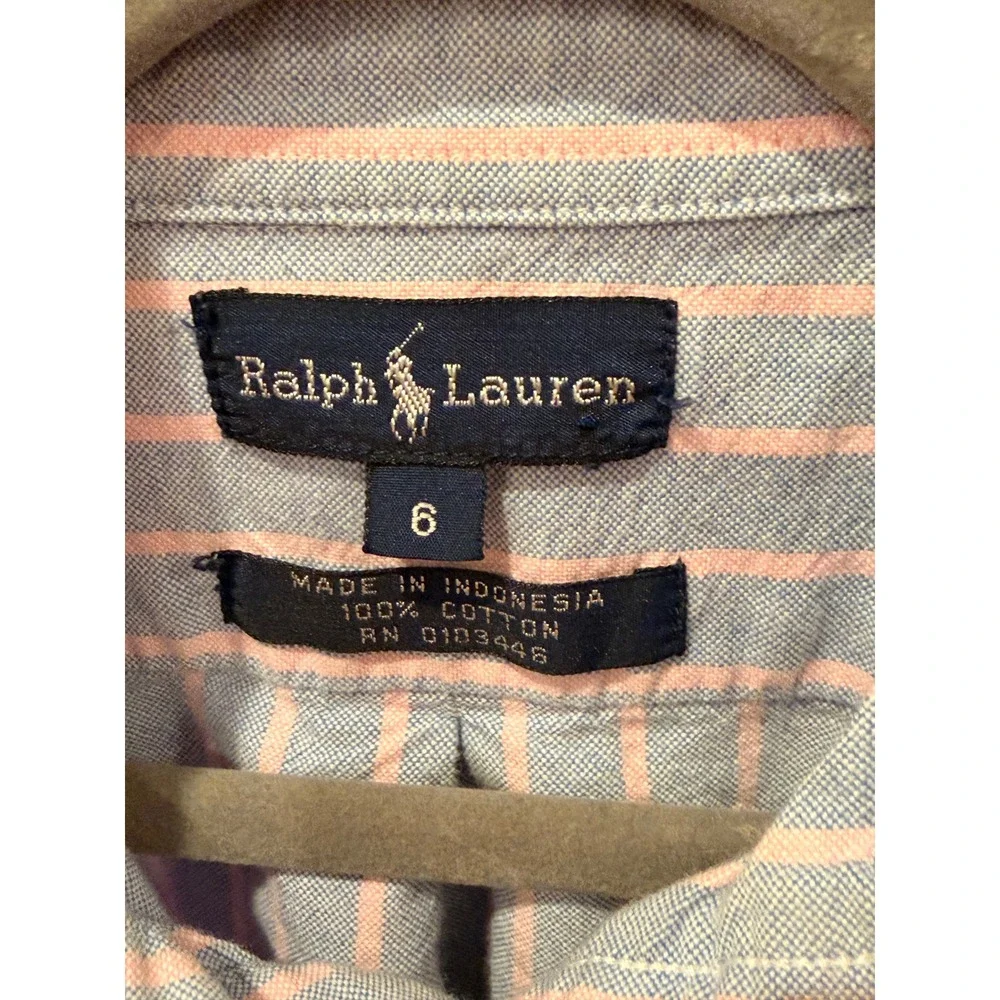Ralph Lauren Boys Blue Pink Striped Oxford Button Down Shirt Size 6 Cotton